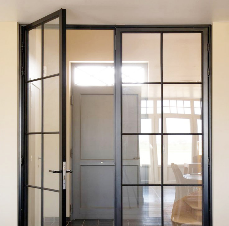 A steel-look aluminum pivot door with slim sightlines.